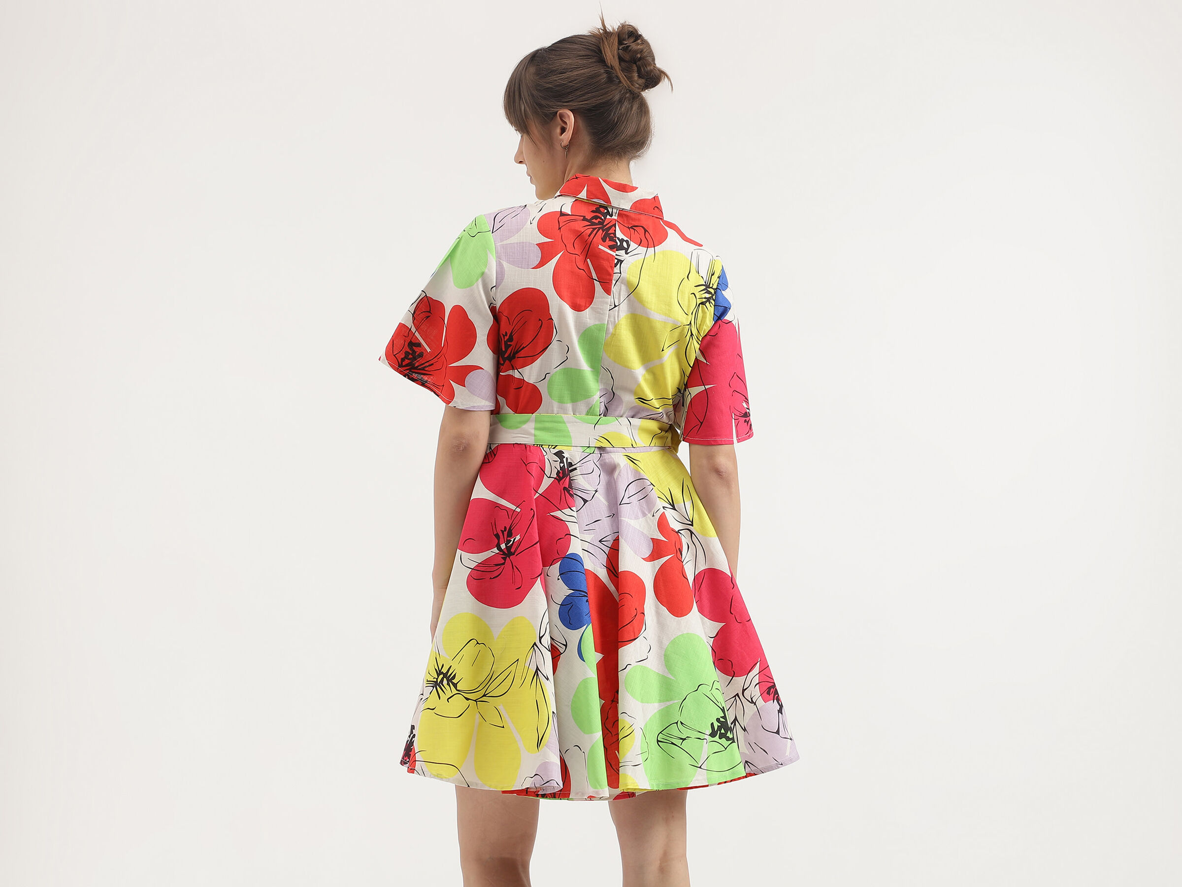 S/S PRINTED SHORT FLARE DRESS WITH BELT image number 3